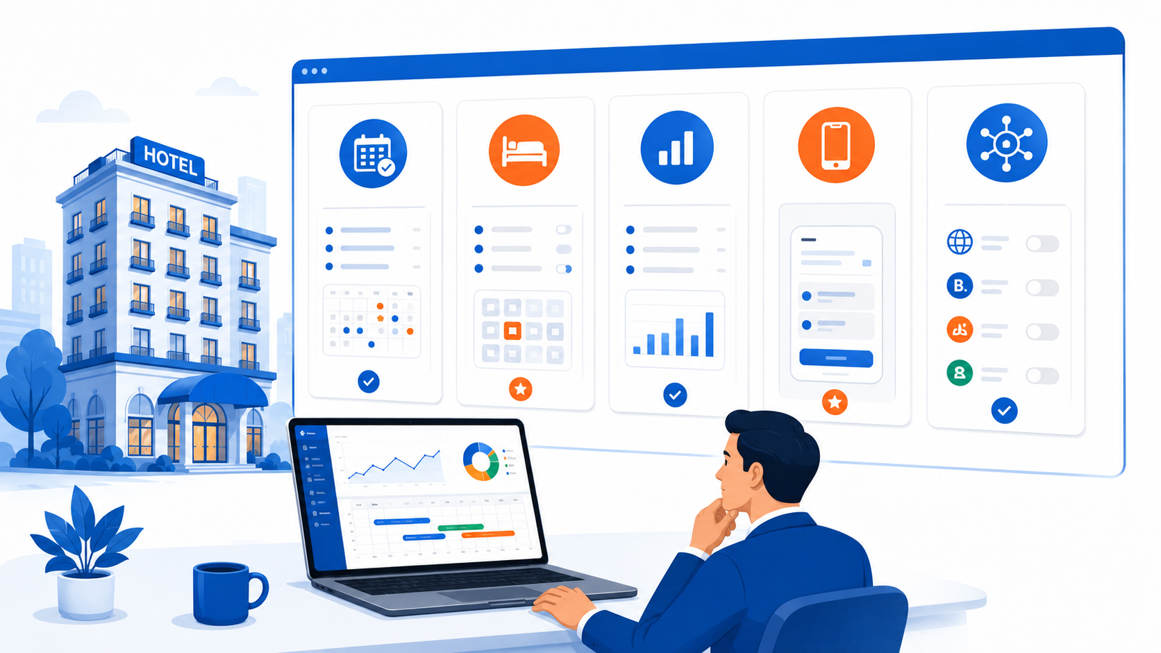 Minh họa chủ kh&aacute;ch sạn đang so s&aacute;nh c&aacute;c phần mềm quản l&yacute; kh&aacute;ch sạn tr&ecirc;n dashboard với c&aacute;c t&iacute;nh năng đặt ph&ograve;ng, buồng ph&ograve;ng, b&aacute;o c&aacute;o v&agrave; k&ecirc;nh b&aacute;n.